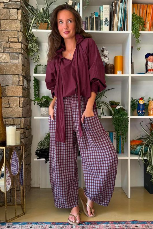 Vivienne Plaid Relaxed Barrel Pant Aubergine & Denim
